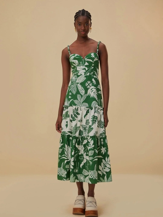 FARM Rio Dresses & Skirts - FARM Rio FOREST SOUL MIX Green and White Tropical Tiered Midi Dress Size L
